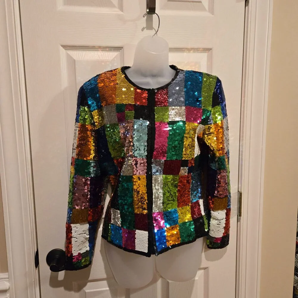 Vintage Adrienne Vittadini Rainbow Sequin Glitter Patchwork Jacket Small - Picture 1 of 15